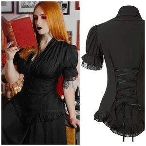 Scarlett Darkness Lace Back Black Gothic Top, M
